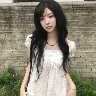 夏日小记 碎花荷叶边V领短袖衬衫 甜美风休闲百搭宽松露肩上衣