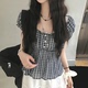 衬衫 格子短袖 甜美休闲宽松纽扣格纹百搭上衣 复古泡泡袖 夏日小记