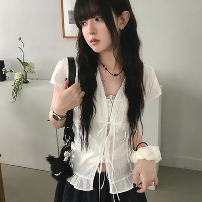 夏日小记 蕾丝荷叶边系带短袖衬衫 芭蕾风甜美休闲百搭宽松上衣