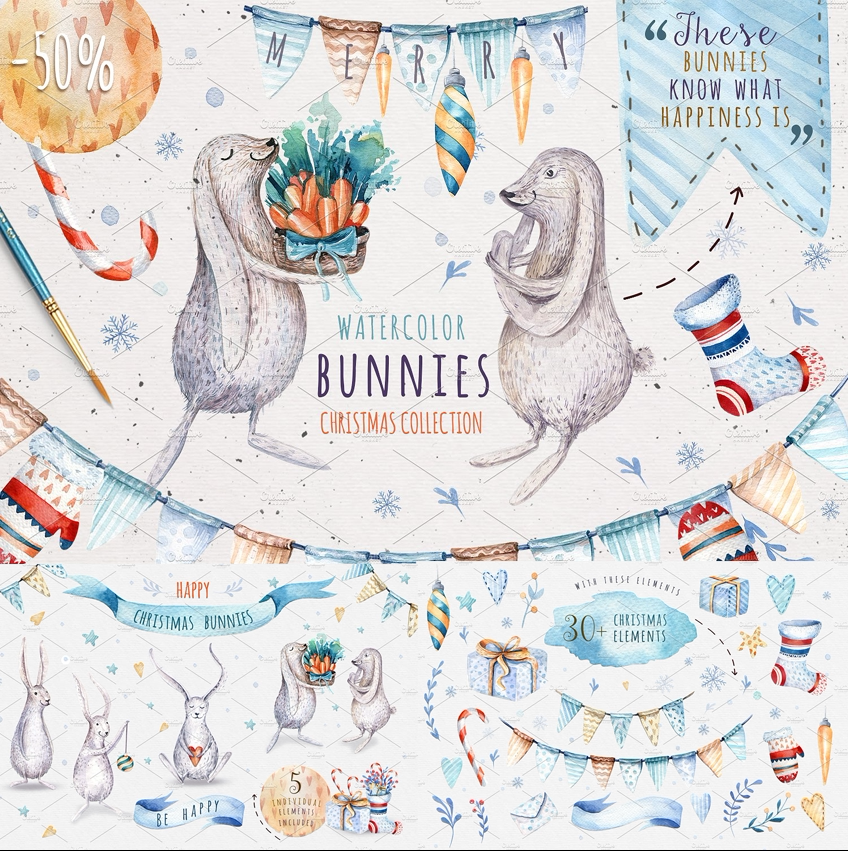 (b525)水彩手绘可爱土拨鼠信封彩旗礼物盒生日卡片ps背景png素材