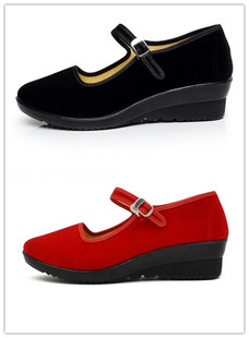 老北京布鞋黑色工作鞋平跟坡跟女士黑布鞋拉带鞋舞蹈礼仪鞋上班鞋