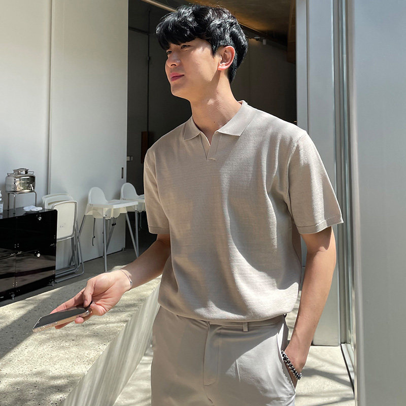 SUMMER THIN POLO SHIRT SHORT SLEEVE MENS LAPEL FASHION BRAND LOOSE HALF-SLEEVE KOREAN VERSION OF HONG KONG STYLE SOLID COLOR KNIT T-SHIRT TIDE