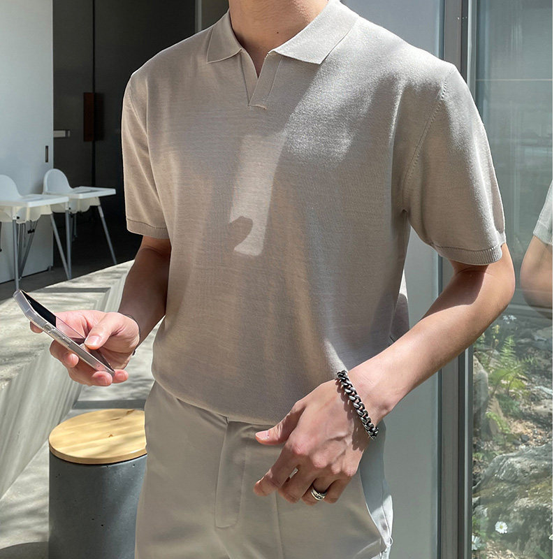 SUMMER THIN POLO SHIRT SHORT SLEEVE MENS LAPEL FASHION BRAND LOOSE HALF-SLEEVE KOREAN VERSION OF HONG KONG STYLE SOLID COLOR KNIT T-SHIRT TIDE