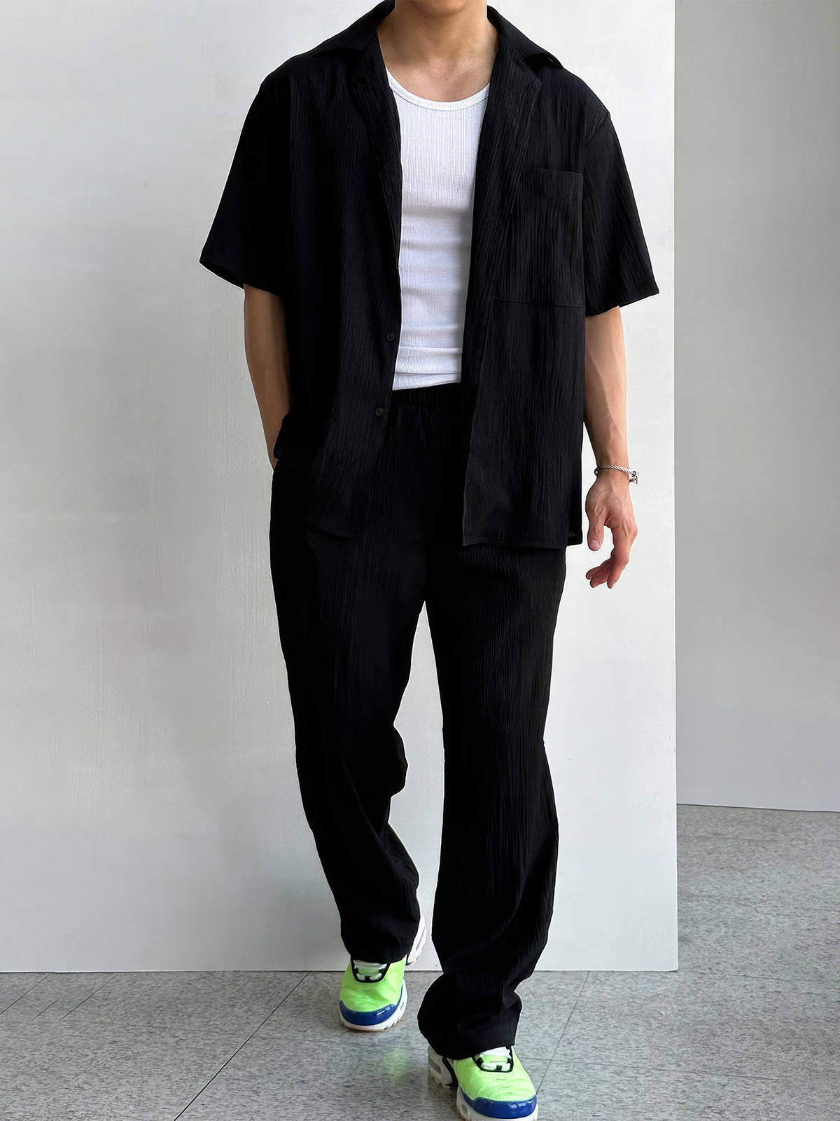 쿠바 칼라 반팔 셔츠 정장 남성 여름 신작 트렌디 드레이프 루즈 셔츠 캐주얼 야마모토 바지 투피스 세트