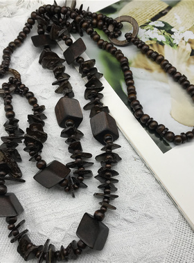 棉麻风棕色超长木项链波西米亚风双层木珠项链民族风服饰necklace