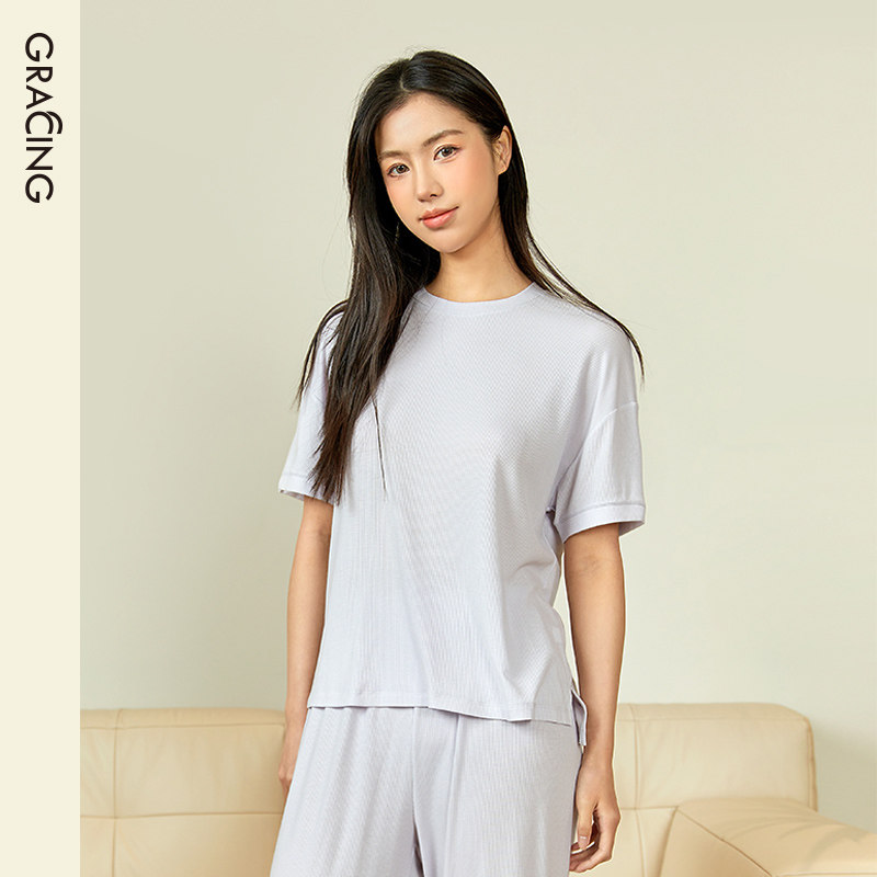 歌瑞森天丝桑蚕丝睡衣女夏季新款情侣超薄舒适圆领短袖家居服套装