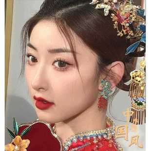 可爱新娘新中式环手工红双色喜百搭耳WOS景泰蓝花秀朵禾旗袍耳夹