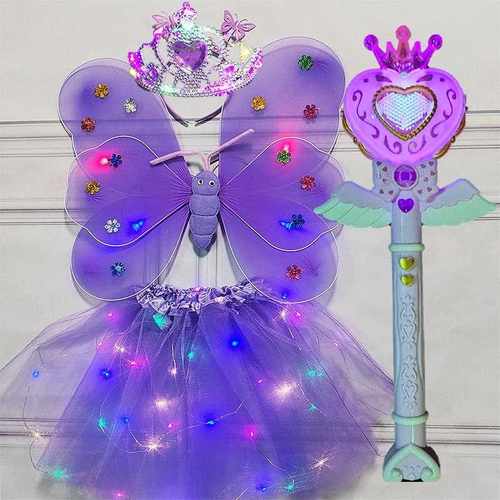 新儿童蝶翅FHM膀亮年灯背演出蝴服魔法棒发光饰翅膀公主裙生日礼