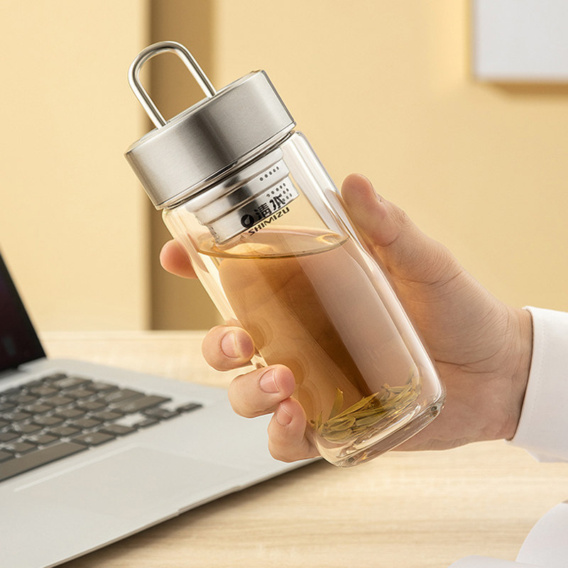 shimizu清水玻璃杯鹅蛋杯水杯双层杯子茶杯男女提环便携316盖家用