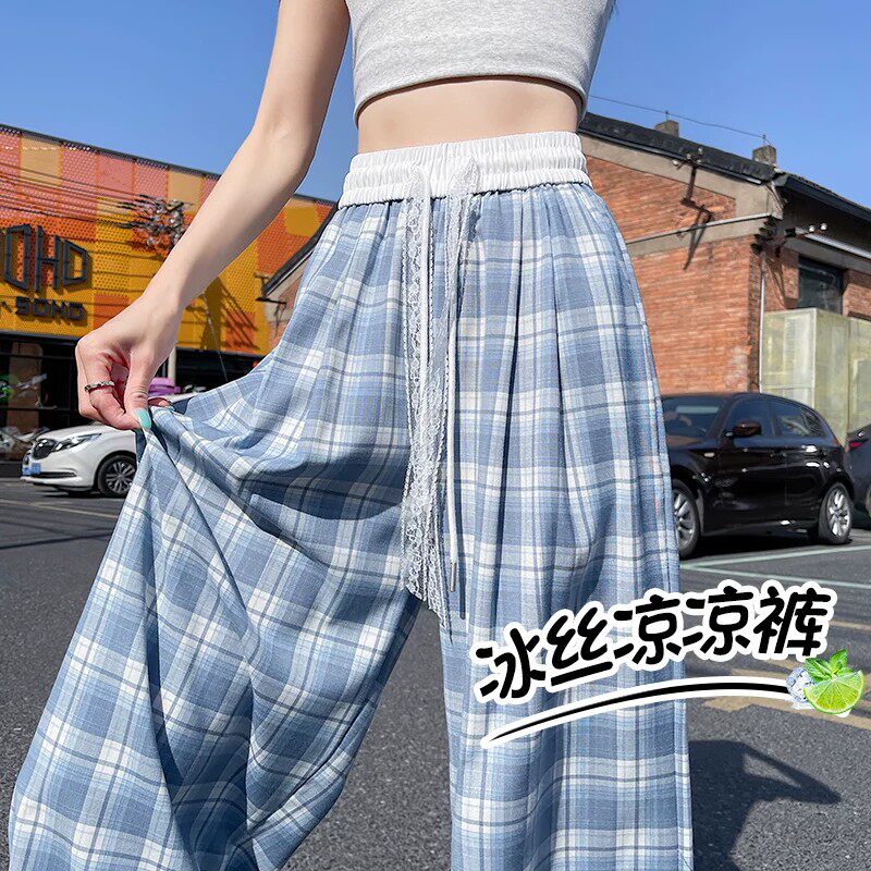 女童冰丝格子阔腿裤夏薄款慵懒风儿童百搭蕾丝系带直筒宽松休闲裤