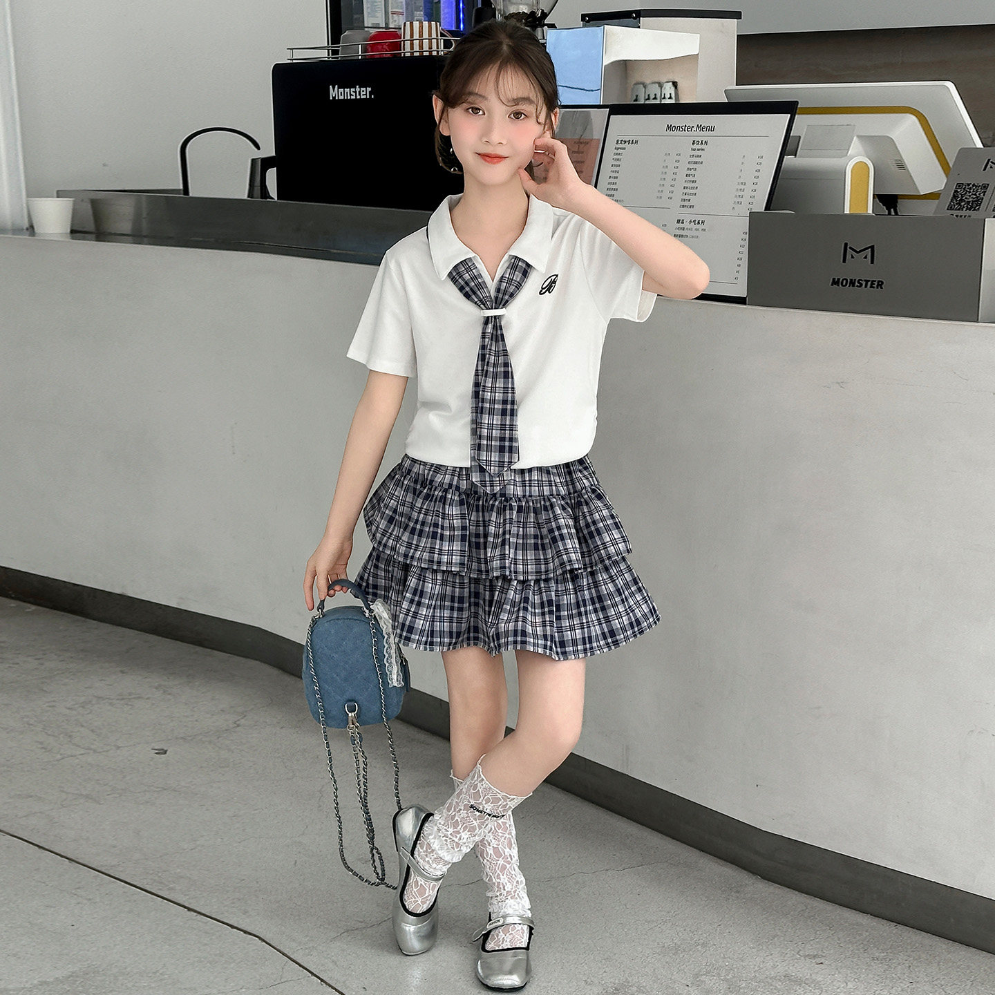女大童夏装学院风套装裙子洋气儿童JK领带POLO衫格子蛋糕裙两件套