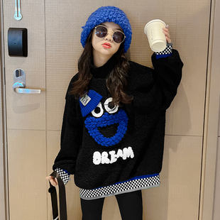 女童秋冬款加绒加厚卫衣女大童冬装毛毛衣儿童半高领羊羔绒打底衫