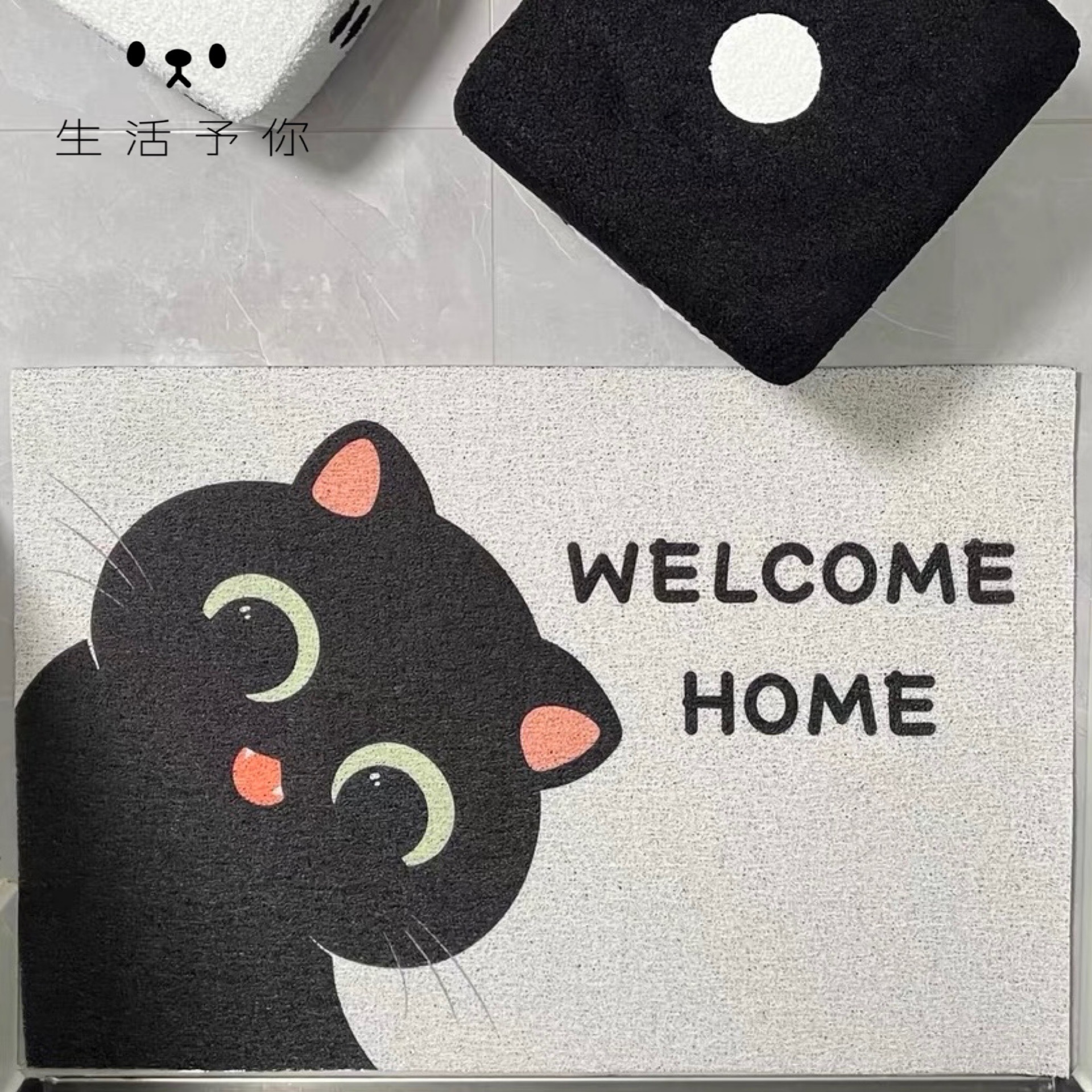 生活予你可爱小黑猫家用入户门垫创意地垫玄关门垫可裁剪耐脏脚垫