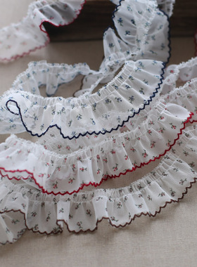 4CM宽小花朵印花加密网纱缩褶蕾丝花边小裙摆DIY领边辅料袖口镶边