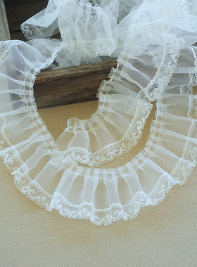 6白色涤纶纱蕾丝工字褶手工布料花立体刺绣衣领帽子装饰新品面料