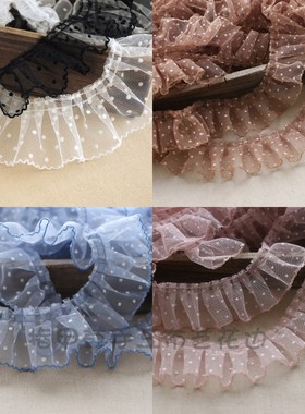 6CM宽彩色植绒波点花边辅料网纱狗牙边缩褶花边蕾丝布艺裙摆装饰