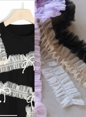 5CM双层网纱蕾丝花边碎褶缩皱花边手工diy洛丽塔发带白黑色木耳边