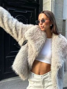 ZA外贸狐狸毛绒外套短款仿皮草加厚翻领环保宽松时尚秋冬新款皮草