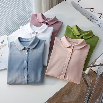 法式长袖纯棉弹力打底衬衣娃娃领
