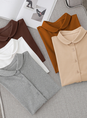 26春秋日系复古小圆领针织纯棉打底衬衫女长袖弹力大码娃娃领衬衣