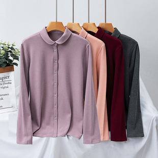 300g秋冬加厚小圆领纯棉磨毛打底衬衫女长袖娃娃领保暖弹力绒衬衣