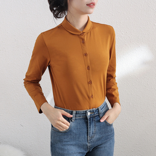 2026春秋小圆领衬衫女长袖弹力棉纯棉直筒打底内搭全棉衬衣开衫