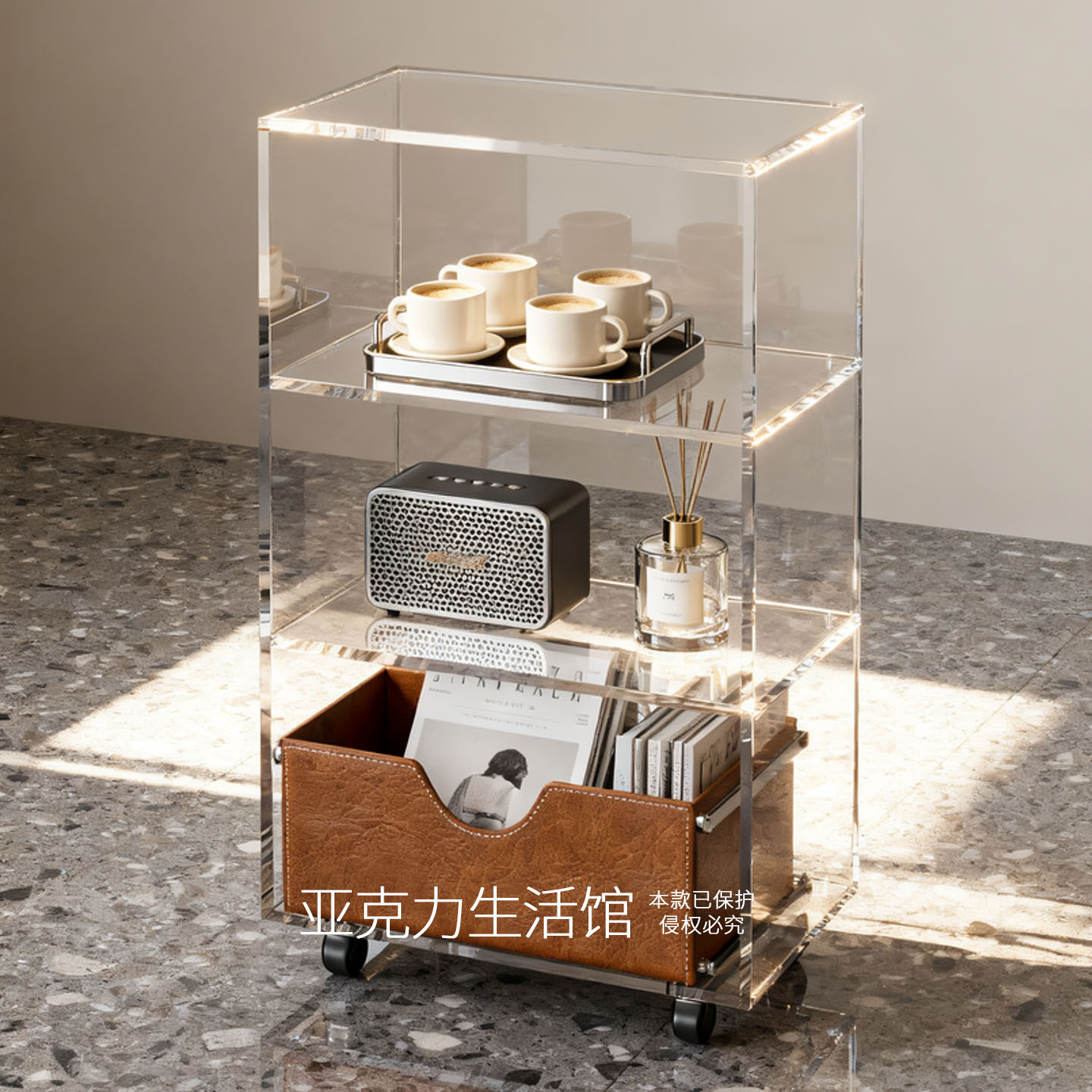 亚克力定制小型置物架多层收纳架带滑轮落地式有机玻璃透明陈列架