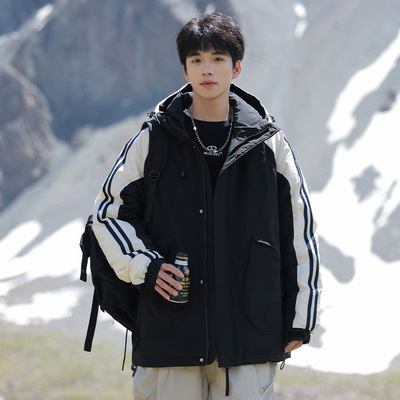 男士白鸭绒加厚拼色连帽外套