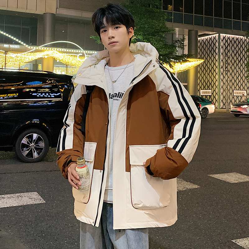 冬季连帽工装羽绒服拼色款