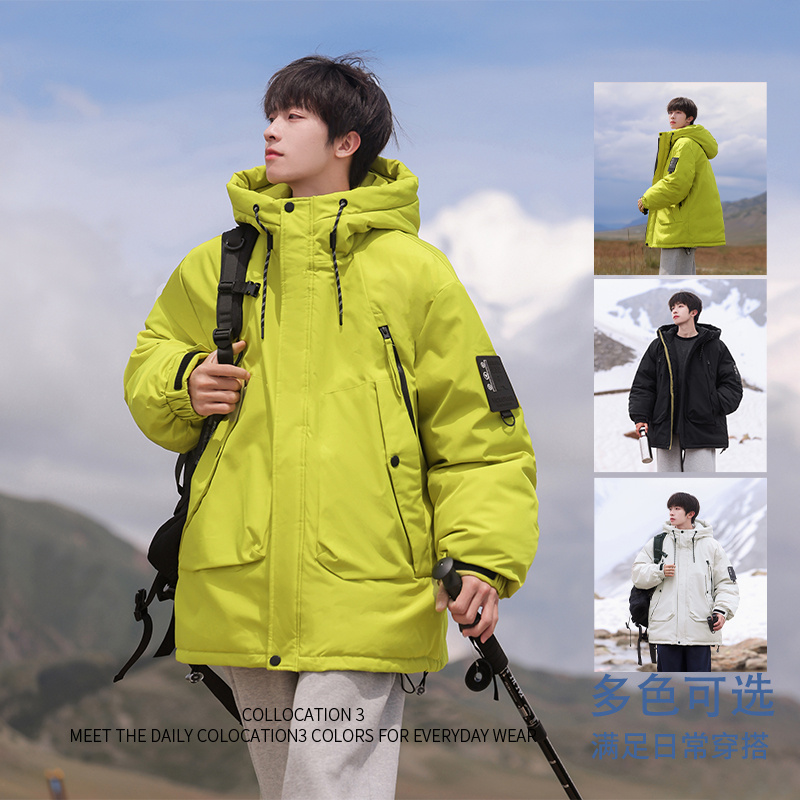 官方正品高端白鸭绒男女工装羽绒服外套户外防风口袋白加厚连帽