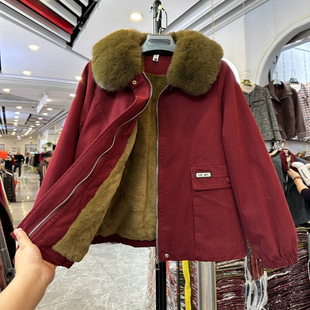 洋气妈妈时尚 保暖夹克女 毛领可脱卸派克服女加绒加厚翻领外套冬季