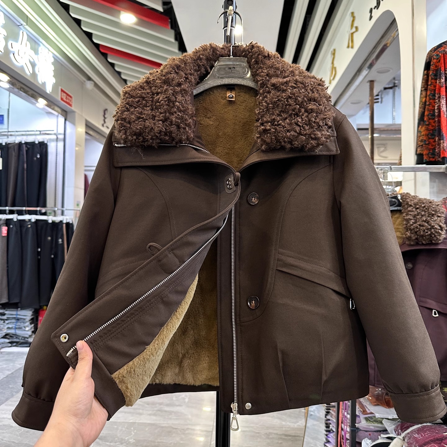 通勤羊羔毛领派克服冬季保暖外套