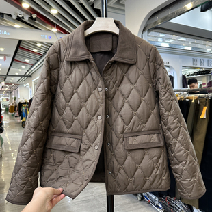 菱格纹棉服女短款 秋冬新款 翻领夹棉外套保暖轻薄棉衣女 妈妈装 时尚