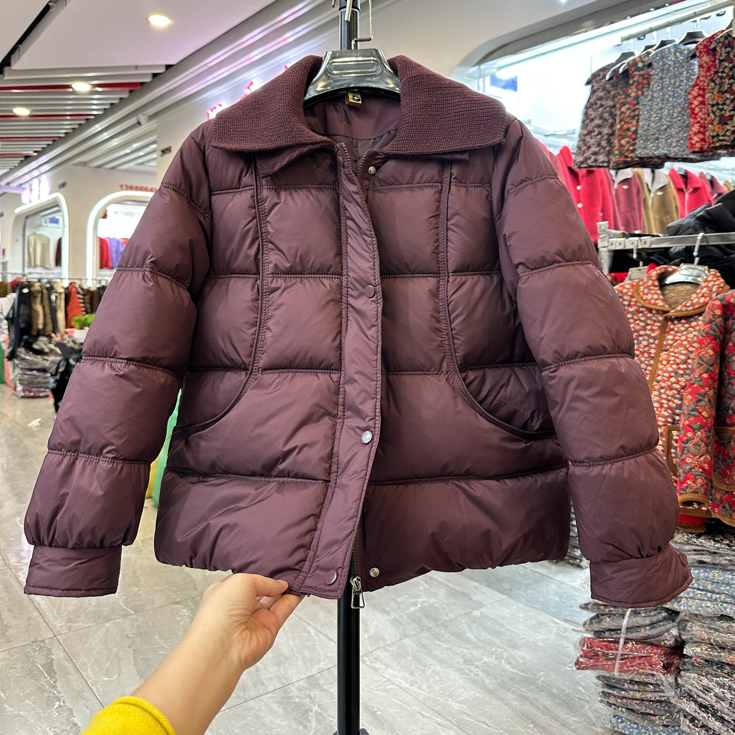 妈妈装紫色翻领短款棉衣羽绒棉服