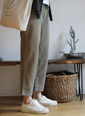 艺间出品文艺日系宽松纯棉直筒松紧腰八九分裤黑色卡其绿2025春夏