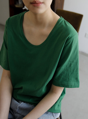 艺间出品宽松大圆领薄款纯棉短袖T恤百搭女士2025春夏树绿浅灰