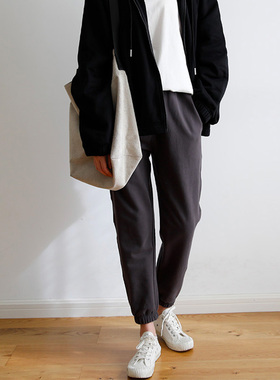 艺间出品文艺宽松纯棉加绒收口运动休闲卫裤女2025秋冬深灰长裤