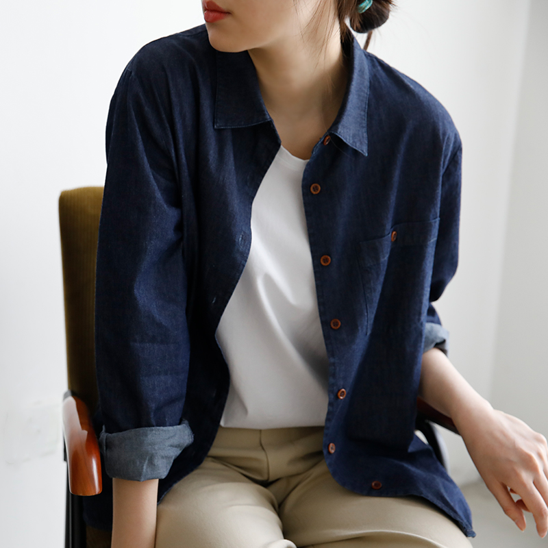 宽松日系文艺单排扣长袖牛仔百搭
