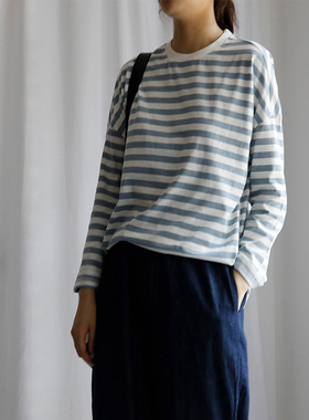 艺间出品 文艺宽松纯棉条纹长袖T恤女2025春秋雾霾蓝白条