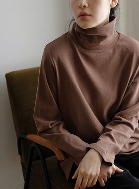 艺间出品文艺磨毛纯棉高领宽松感长袖t恤女2025秋冬浅灰奶咖 超厚