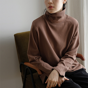 艺间出品文艺磨毛纯棉高领宽松感长袖 超厚 t恤女2025秋冬浅灰奶咖