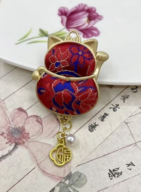 国风宋锦招财猫项链吊坠新中式复古毛衣链流苏包挂钥匙扣国潮文创