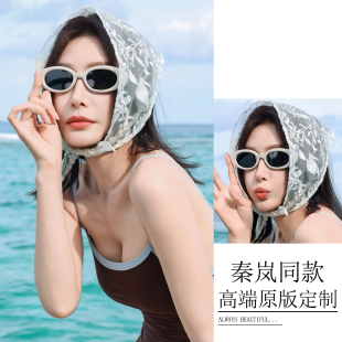 秦岚同款头巾法式仙气欧根纱刺绣三角巾百搭装饰多用蕾丝包头发带