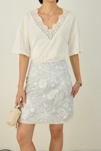 时尚 韩版 百搭设计感亮片条纹印花短裙女高腰a字半身裙 新款 25夏季