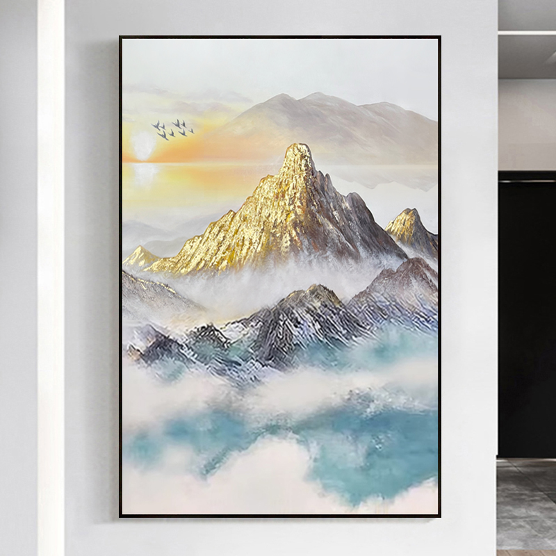 日照金山纯手绘油画轻奢玄关装饰画简约现代餐厅挂画高级感机理画