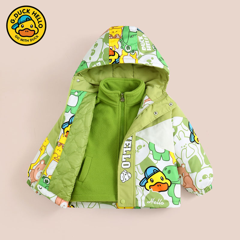 正品小黄鸭儿童冲锋衣棉服套装秋冬装2025款外套男女童宝宝两件套