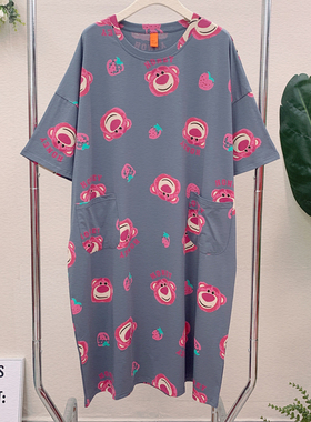 大码睡裙女纯棉薄款中短袖宽松慵懒风200斤胖M孕妇卡通中裙家居服