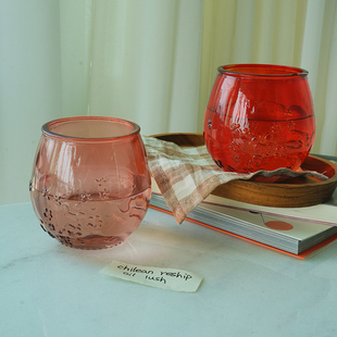 进口水晶玻璃粉樱浮雕水杯小花瓶家居摆件