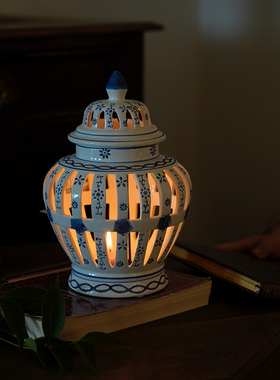 中式镂空陶瓷花瓶风灯烛台烛座香薰蜡烛镂空将军罐