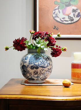 多子多福螺纹大肚青花瓷瓶家用客厅装饰摆件入户玄关水培插花器